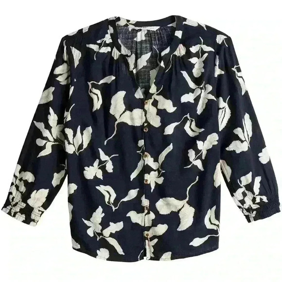 Sonoma Tops - Sonoma Cotton Rayon, Navy & Cream floral patterned blouse, size Extra Large